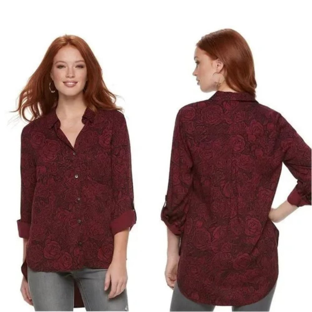 Rock & Republic Women’s Red Rose Long Sleeve Button Front Blouse Top size XS